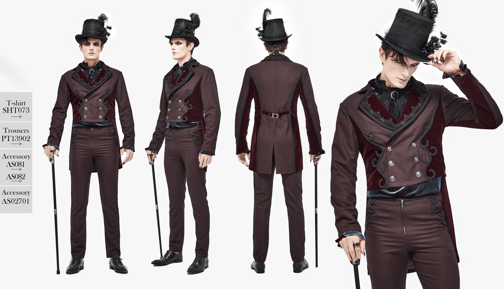 Men's vintage wine red double-breasted tail coat with snap buttons, styled elegantly for gothic looks.