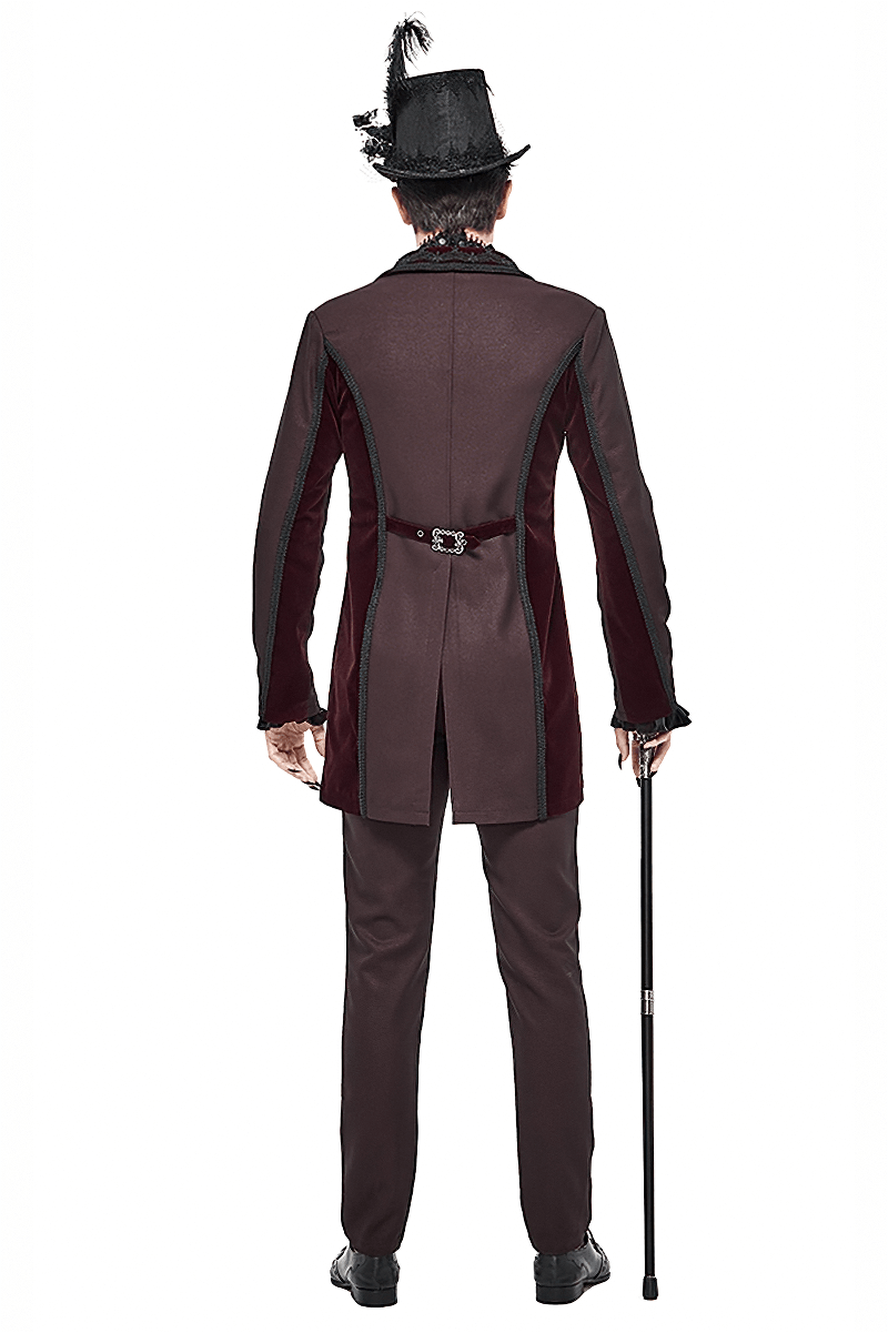 Men's vintage wine red double-breasted tail coat, back view showing stylish buttons and Gothic elegance.