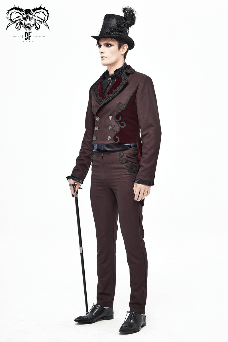 Elegant vintage red double-breasted tail coat with stylish buttons for men in Gothic style.