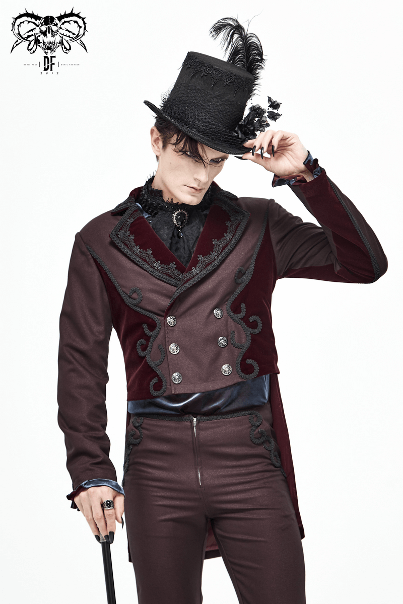 Vintage wine red double-breasted tailcoat with stylish buttons for men, paired with a gothic top hat and cane.