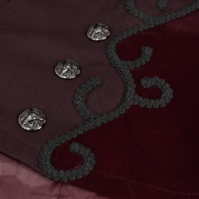 Close-up of vintage wine red tail coat featuring ornate buttons and elegant embroidery details.