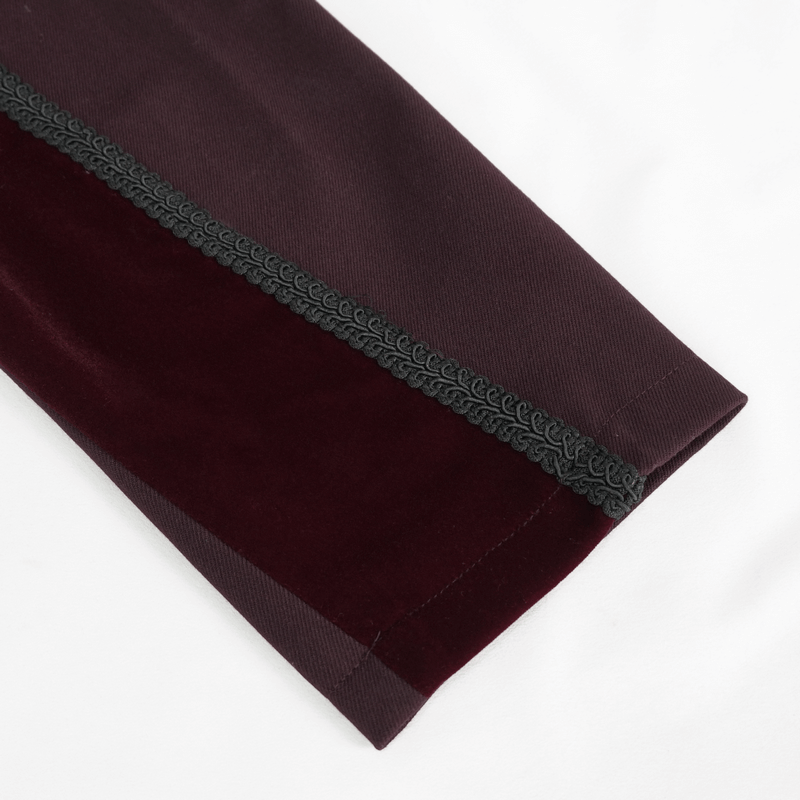 Close-up of vintage wine red tail coat sleeve with elegant trim detail, showcasing Gothic style design.