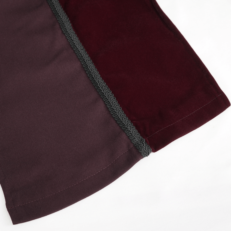 Close-up of the elegant fabric detailing and stylish trim of a vintage wine red double-breasted tail coat.