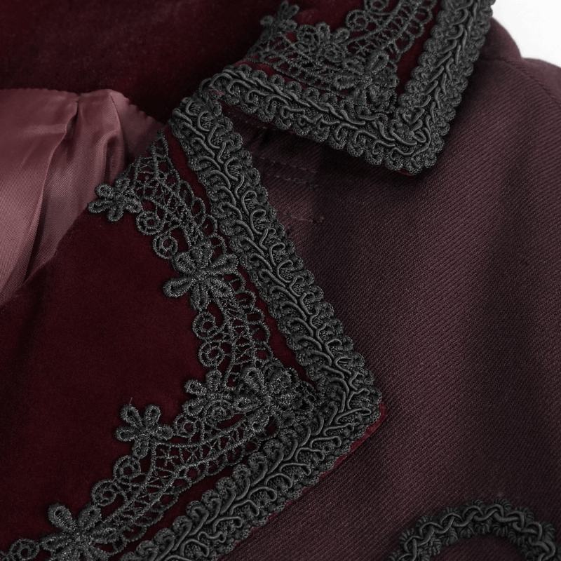 Close-up of vintage wine red tail coat collar with intricate black embroidery, showcasing Gothic style elegance.