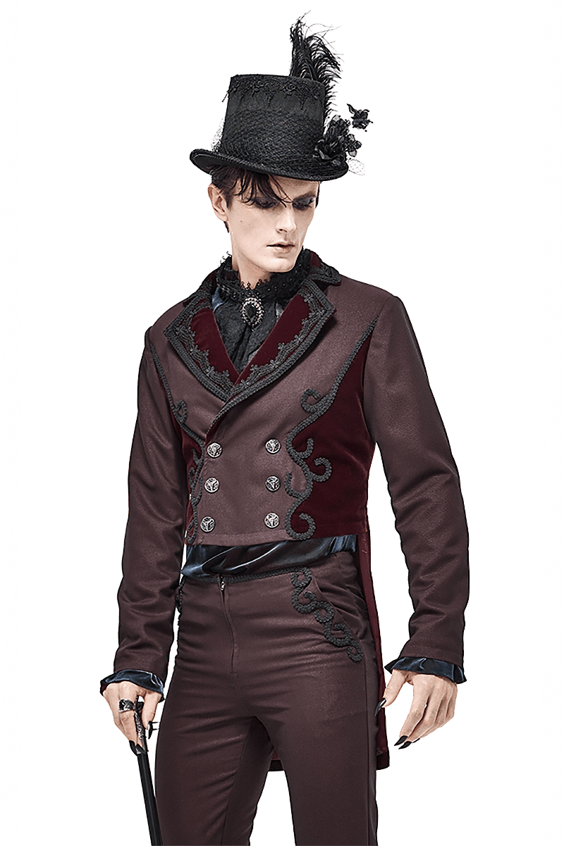 Vintage wine red double-breasted tail coat with stylish snap buttons in Gothic style for men.