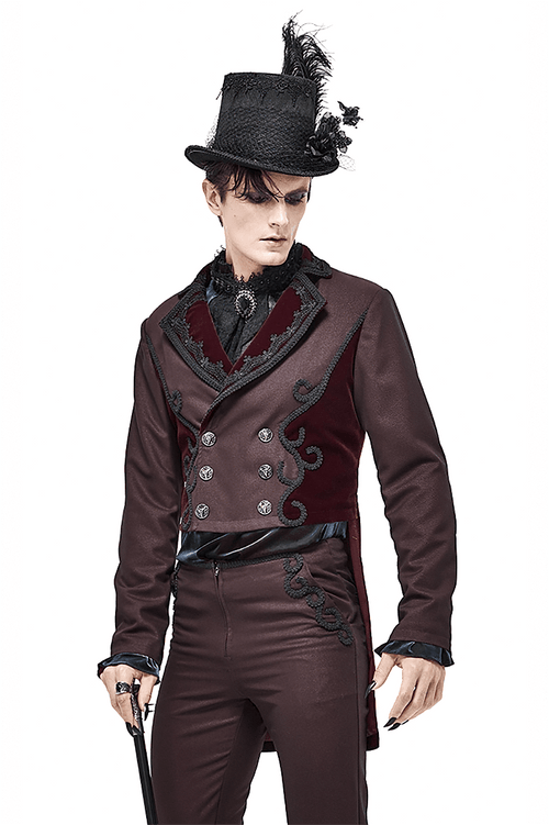 Manteau de queue à double boutonnage rouge vin vintage avec boutons-pression / vêtements élégants de style gothique pour hommes