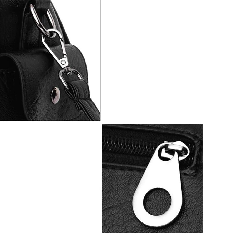 Close-up of secure metal hardware and zipper on vintage women's soft leather handbag.