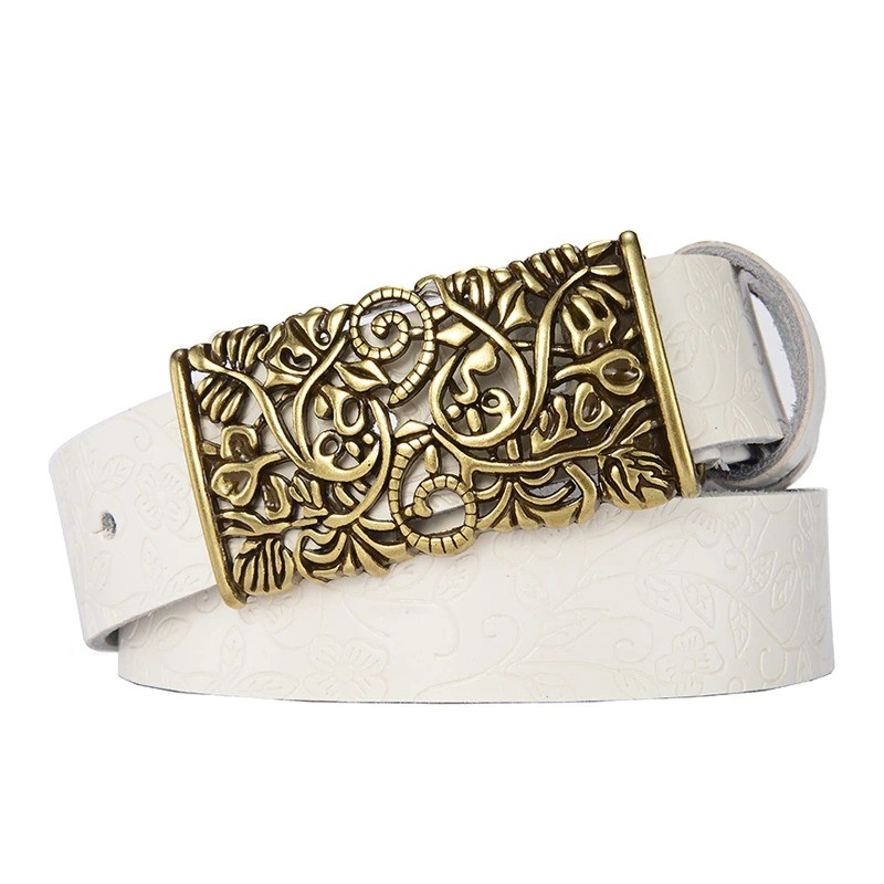 Vintage white leather belt with ornate metal flower buckle, perfect for gothic style outfits.