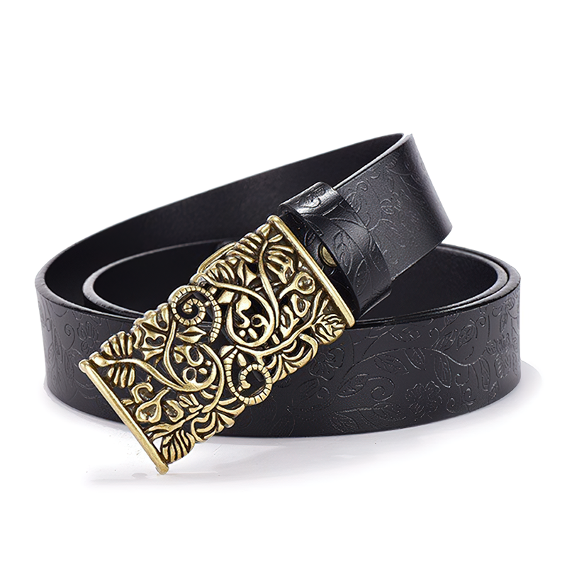 Vintage women leather belt with ornate hollow flower buckle in gothic style, perfect for stylish outfits.