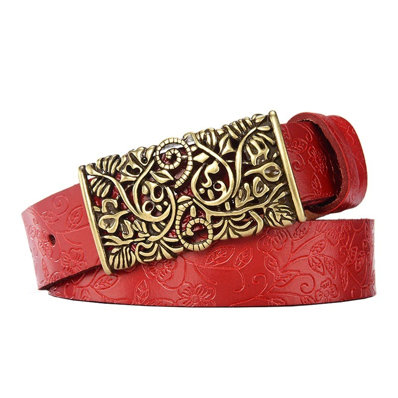Red vintage leather belt with intricate floral metal buckle, perfect for gothic style outfits.