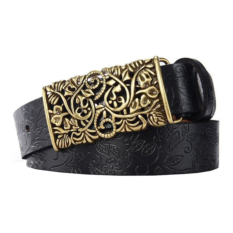 Vintage women leather belt with intricate flower buckle in gothic style, perfect for enhancing any outfit.