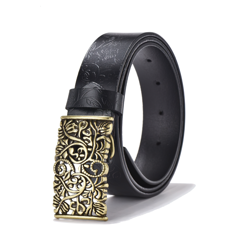 Vintage women leather belt with hollow flower pin buckle in gothic style, featuring intricate metal design.