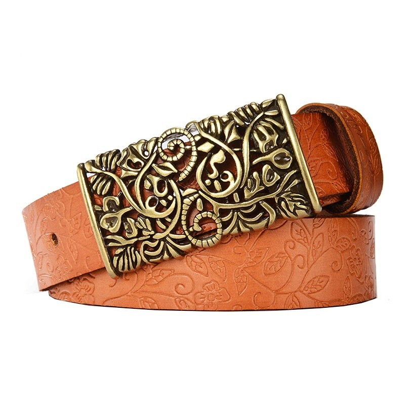 Vintage women leather belt with ornate metal buckle, perfect for gothic style outfits and fashion expression.