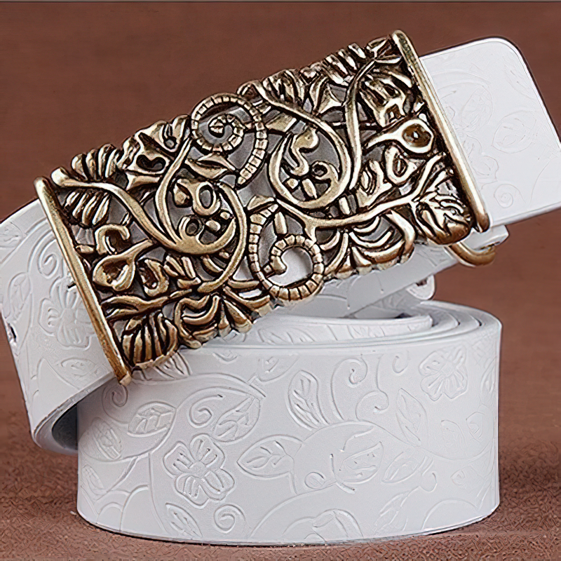 Vintage white leather belt with ornate bronze flower pin buckle, perfect for gothic style outfits.