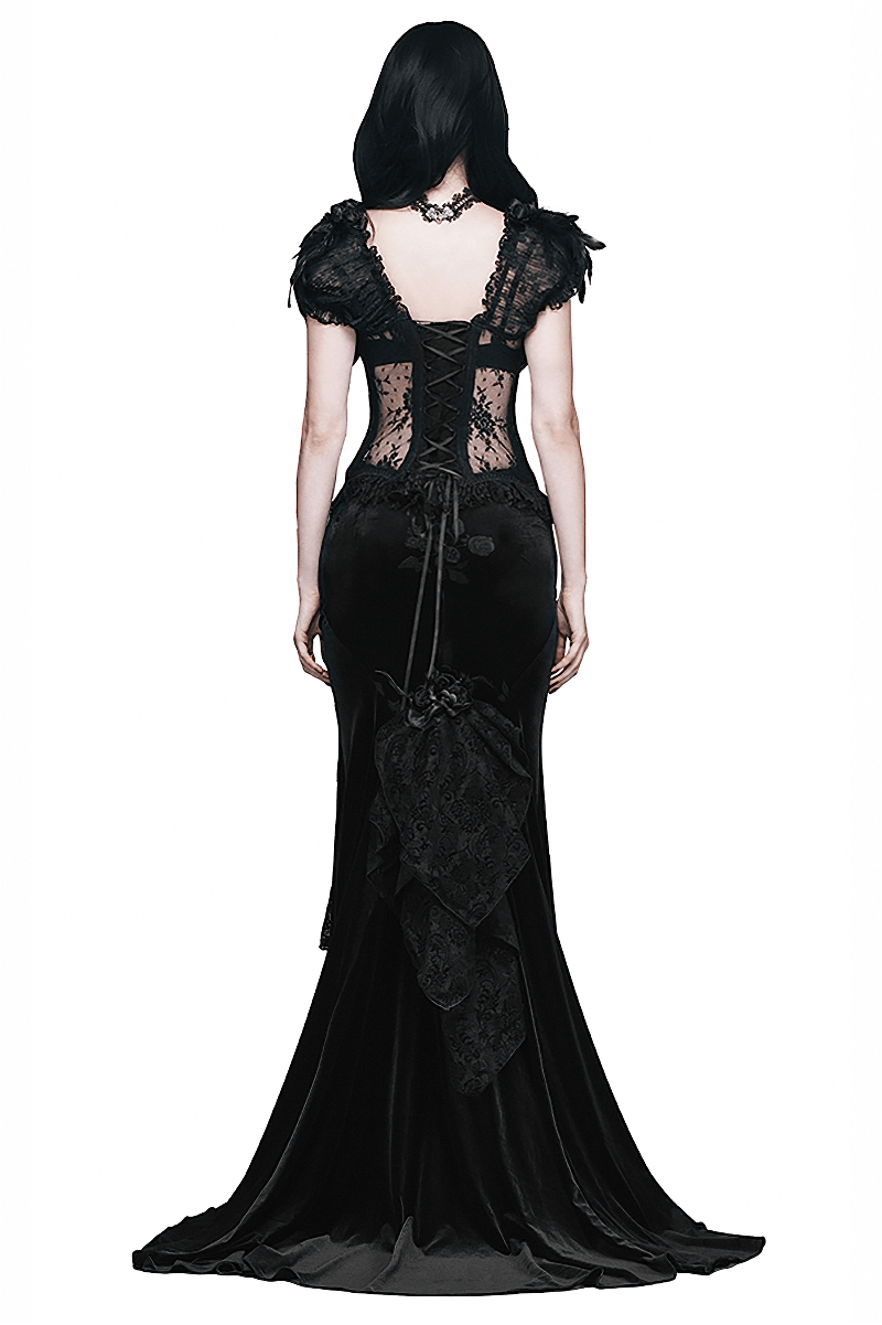 Elegant black gothic skirt with lace and embroidery, showcasing a vintage design from the back.
