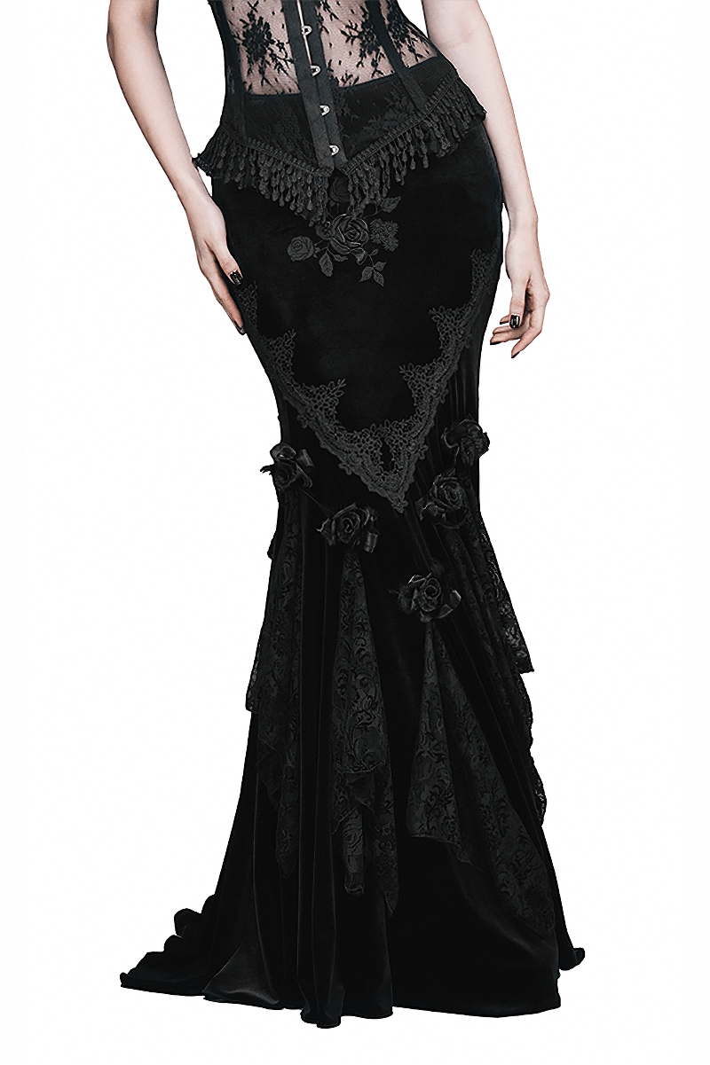 Elegant vintage women's goth skirt with lace and floral embroidery, featuring a dramatic short train in black.