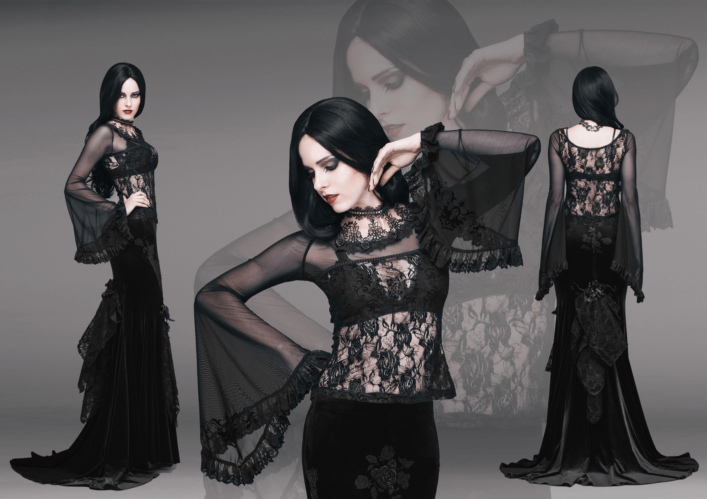 Elegant model showcasing a vintage women's goth skirt with black lace and embroidery in a stylish pose.