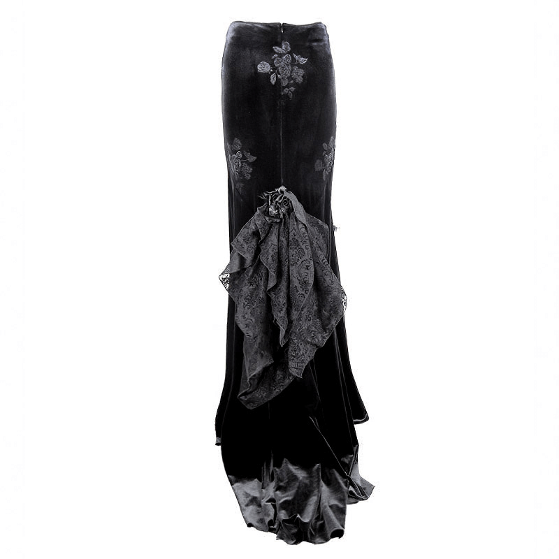 Vintage women's goth skirt with elegant lace detailing and a stunning short train, perfect for a gothic wardrobe.