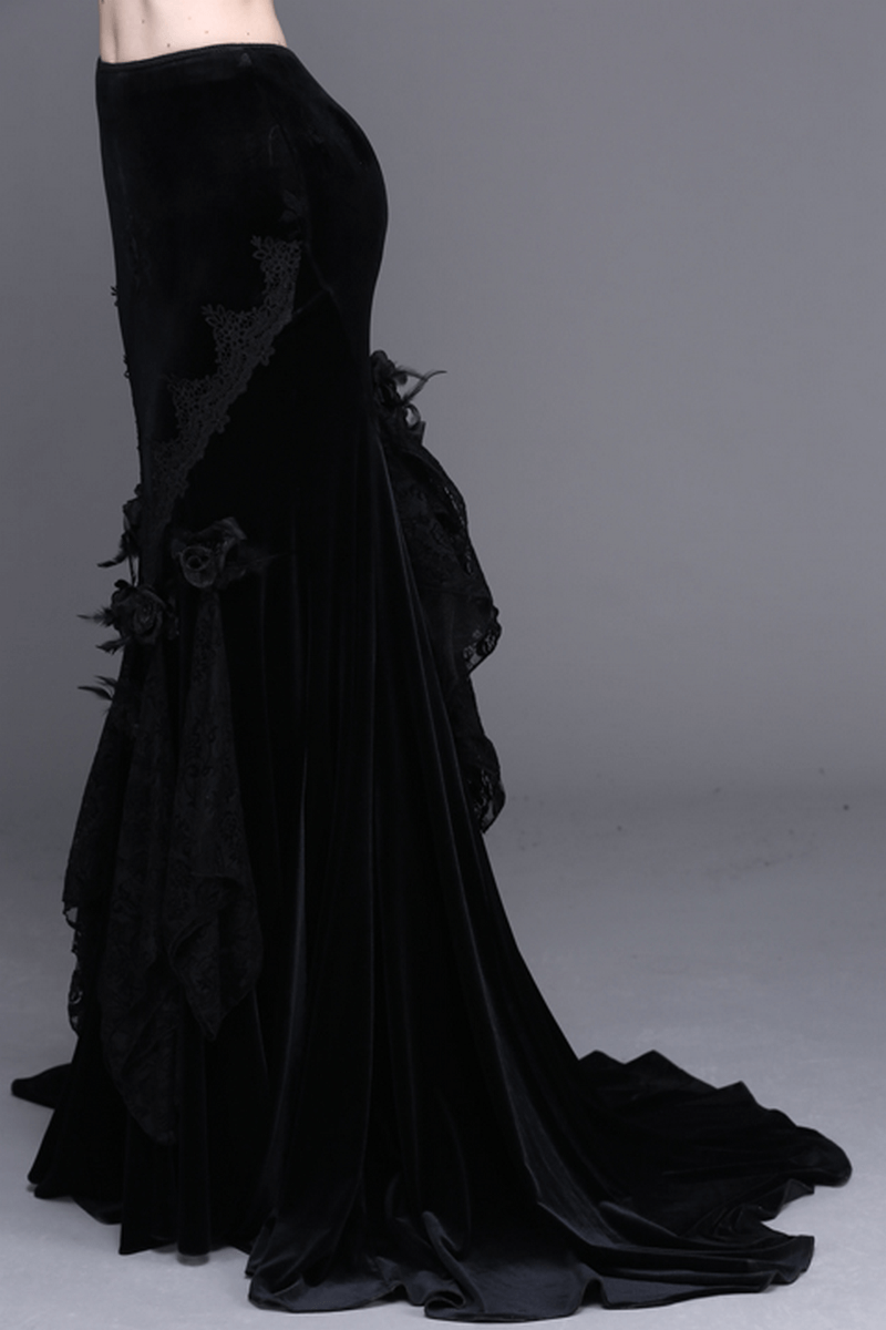 Elegant vintage women’s gothic black skirt with a short train and exquisite lace detailing.