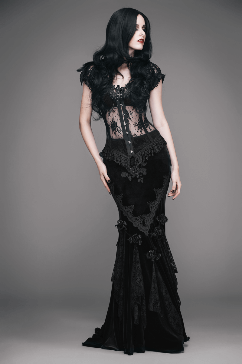 Elegant woman in vintage black gothic skirt with lace details and a corset top, perfect for a dramatic look.
