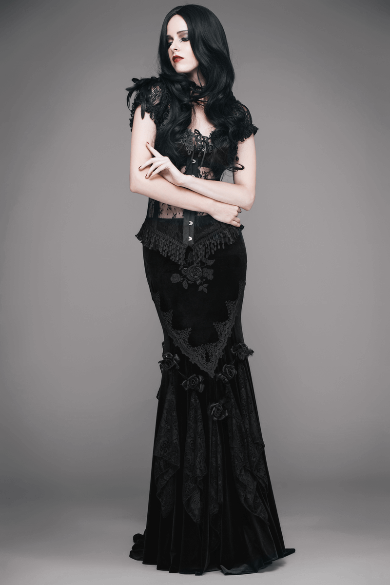 Elegant model showcasing a vintage women's goth skirt with lace and embroidery, embodying exquisite gothic fashion.