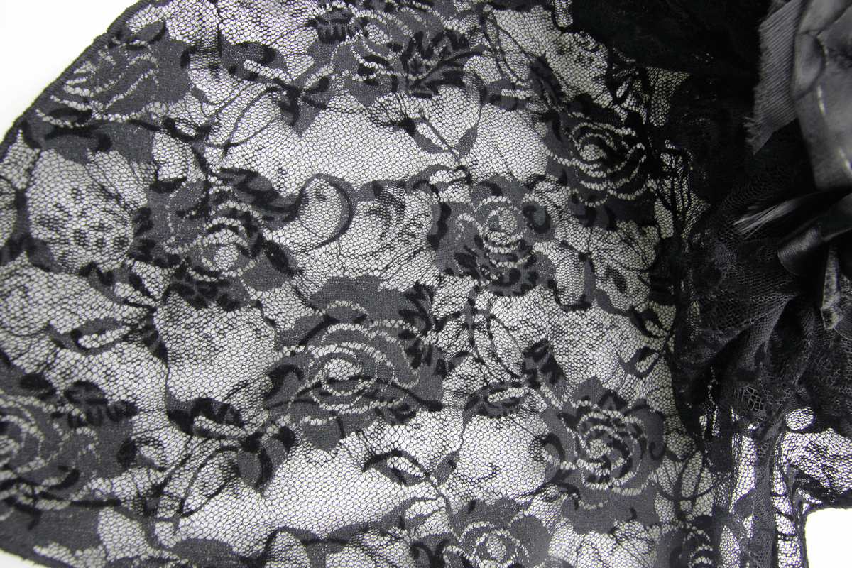 Close-up of exquisite black lace fabric with floral patterns, perfect for vintage gothic styles.