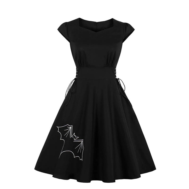 Vintage Women's Black Print Dress / Gothic Ladies Medieval Gown with Short Sleeve - HARD'N'HEAVY