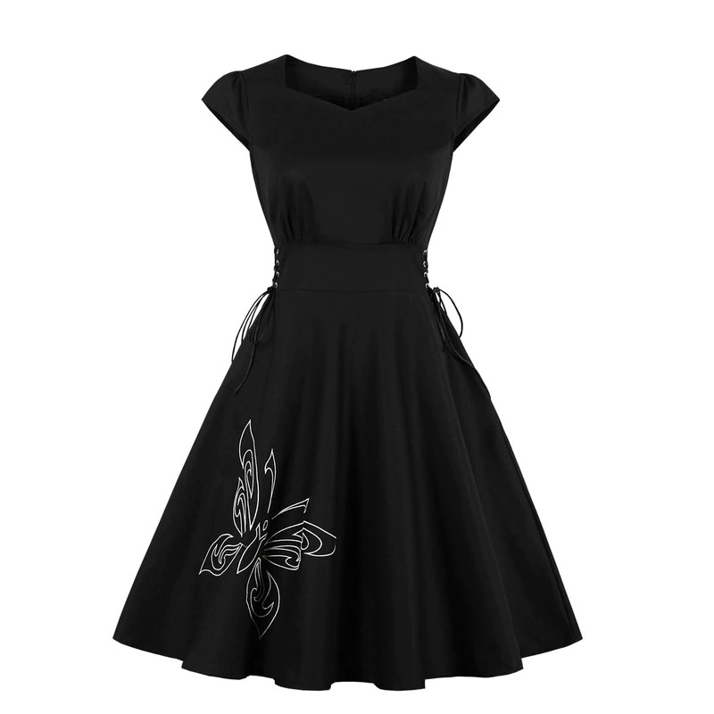 Elegant vintage women's black dress with butterfly print and short sleeves, perfect for gothic style outfits.