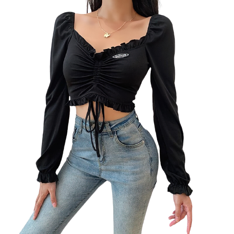 Vintage Women's Gothic Black Top / Sexy V-neck Ladies Crop Tops with Drawstring Front Ruffle Hem - HARD'N'HEAVY