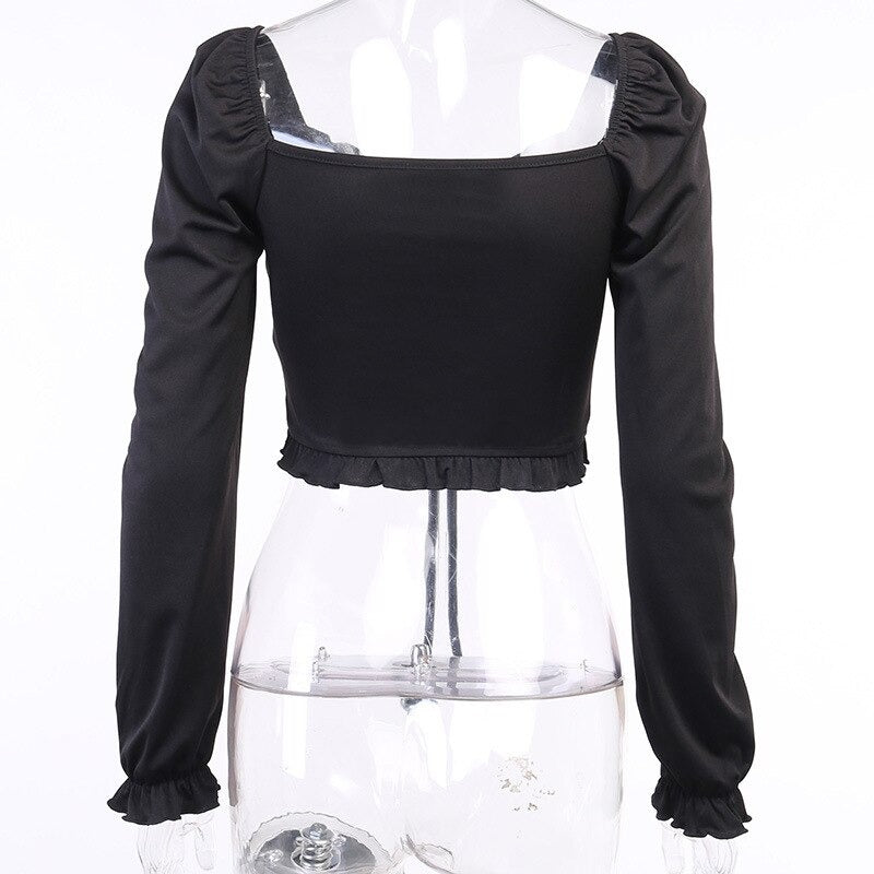 Vintage Women's Gothic Black Top / Sexy V-neck Ladies Crop Tops with Drawstring Front Ruffle Hem - HARD'N'HEAVY