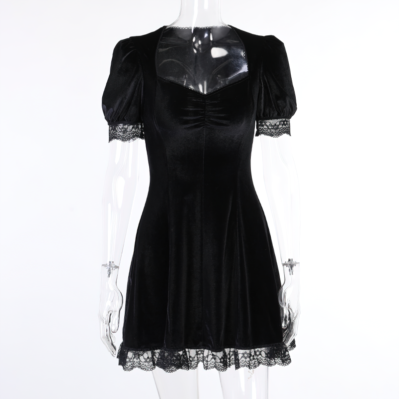 Vintage Women's Lace Black Dress / Sexy High Waist Gothic Mini Dress with Short Sleeve - HARD'N'HEAVY