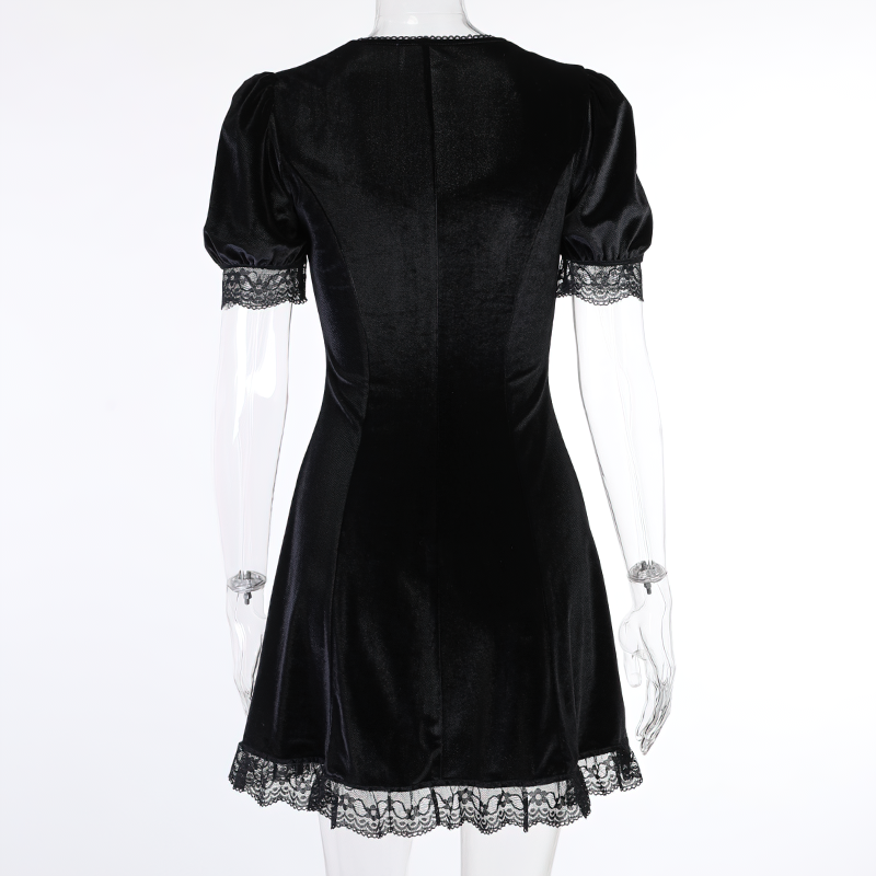 Vintage Women's Lace Black Dress / Sexy High Waist Gothic Mini Dress with Short Sleeve - HARD'N'HEAVY