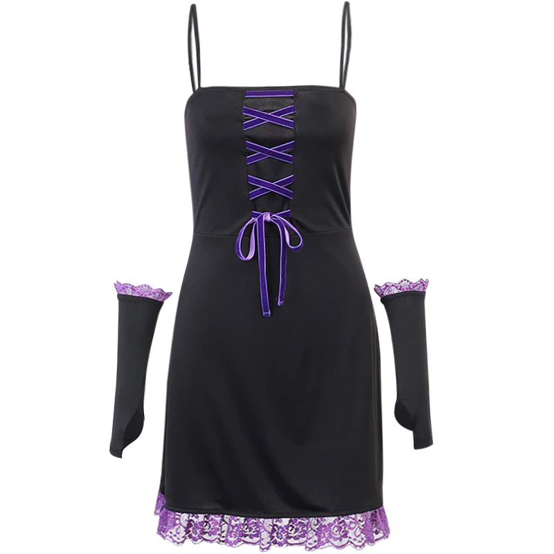 Vintage women's gothic black dress with purple lace trim and separated sleeves, perfect for cosplay or a night out.