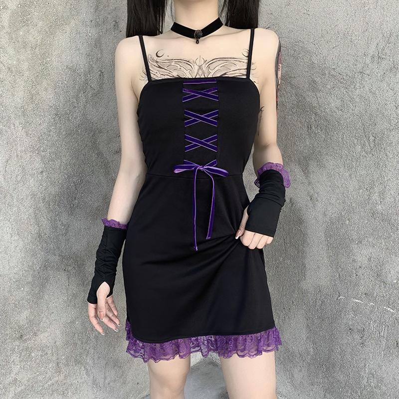 Gothic women's black dress with spaghetti straps, lace trim, and purple accents for a stylish and edgy look.