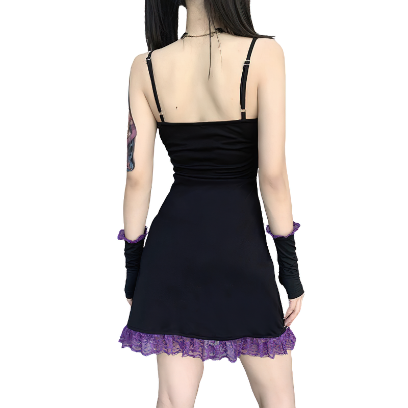 Back view of a vintage women's lace gothic style black mini dress with ruffle hem and separated sleeves.