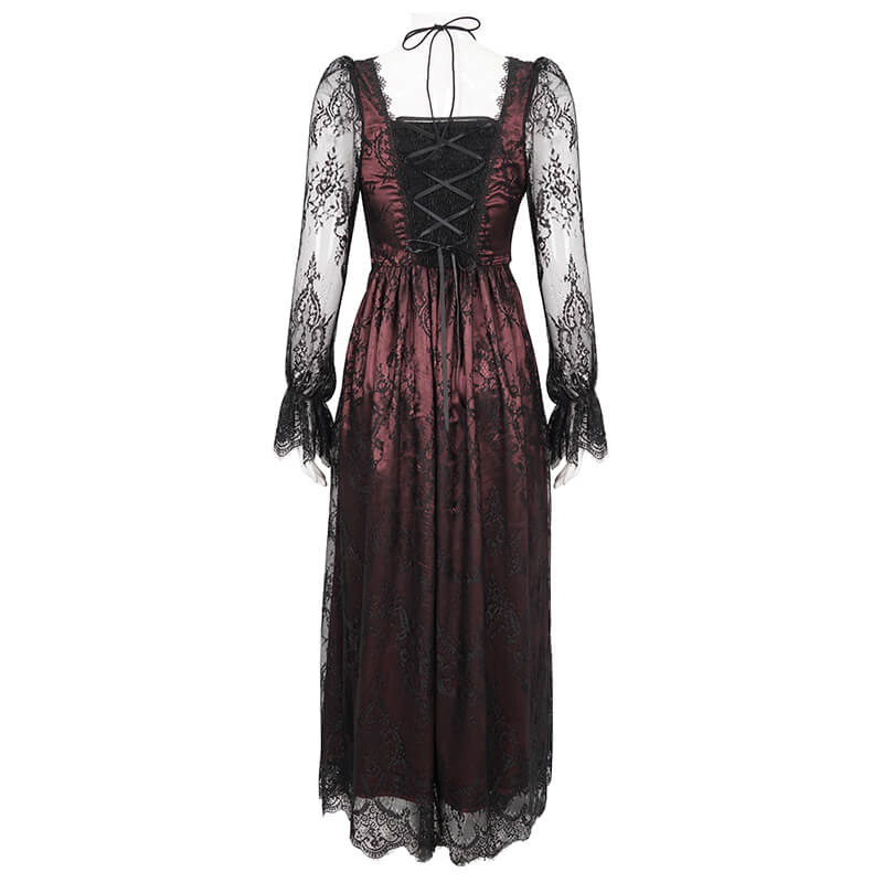 Vintage Women's Lace Long Sleeves Party Dress / Sexy Black and Wine Red Deep V-neck Dress - HARD'N'HEAVY
