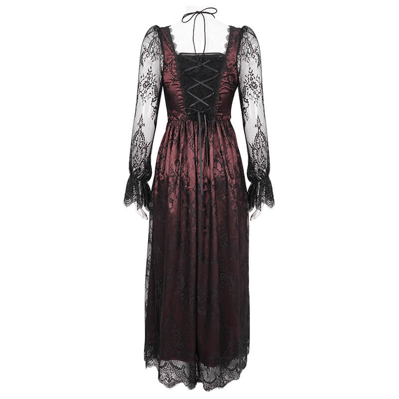 Vintage women's lace long sleeves party dress in black and wine red with deep V-neck design.