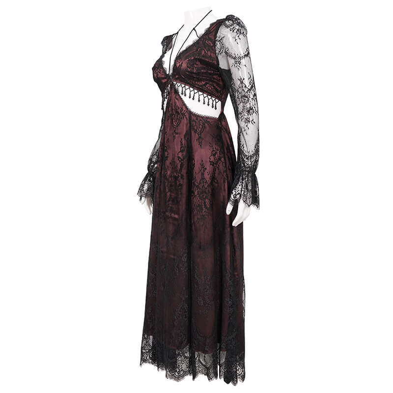 Vintage women's lace long sleeve party dress in wine red with deep V-neck and intricate lace detailing.