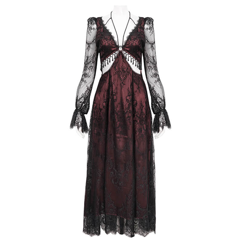 Vintage women's lace long sleeve party dress in black and wine red with deep V-neck for a glamorous look.