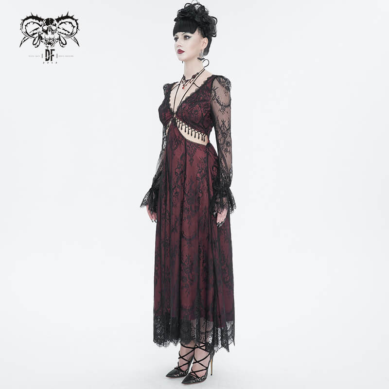 Model in vintage wine red lace long sleeve party dress with deep V-neck and intricate detailing.