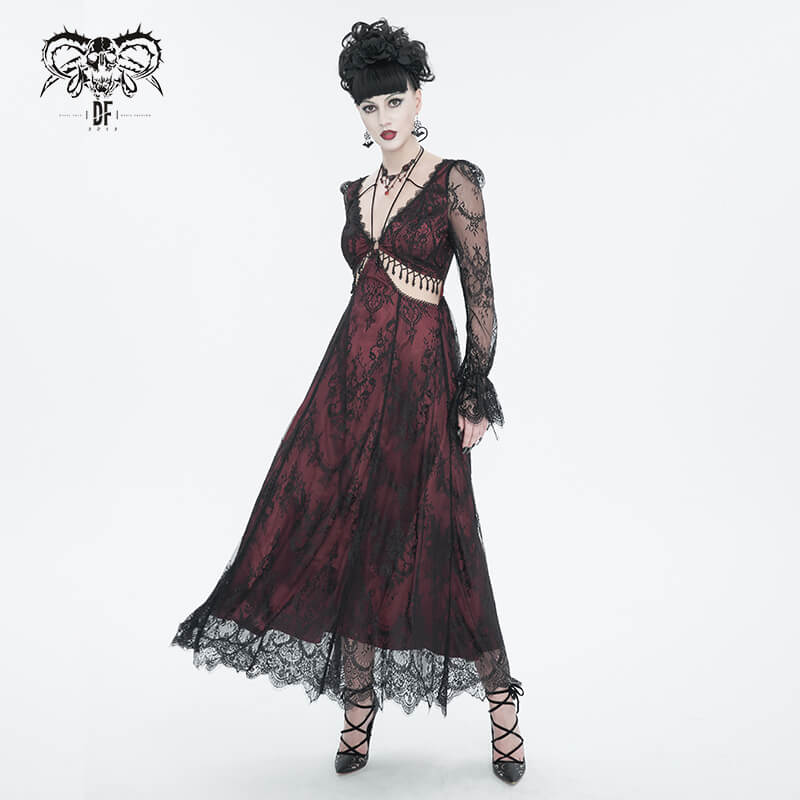 Vintage women's lace long sleeves party dress in wine red, featuring a deep V-neck and intricate lace detailing.