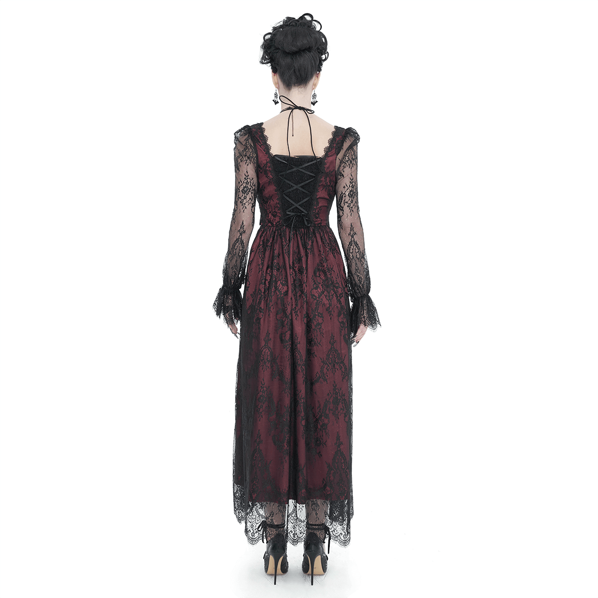 Vintage Women's Lace Long Sleeves Party Dress / Sexy Black and Wine Red Deep V-neck Dress - HARD'N'HEAVY