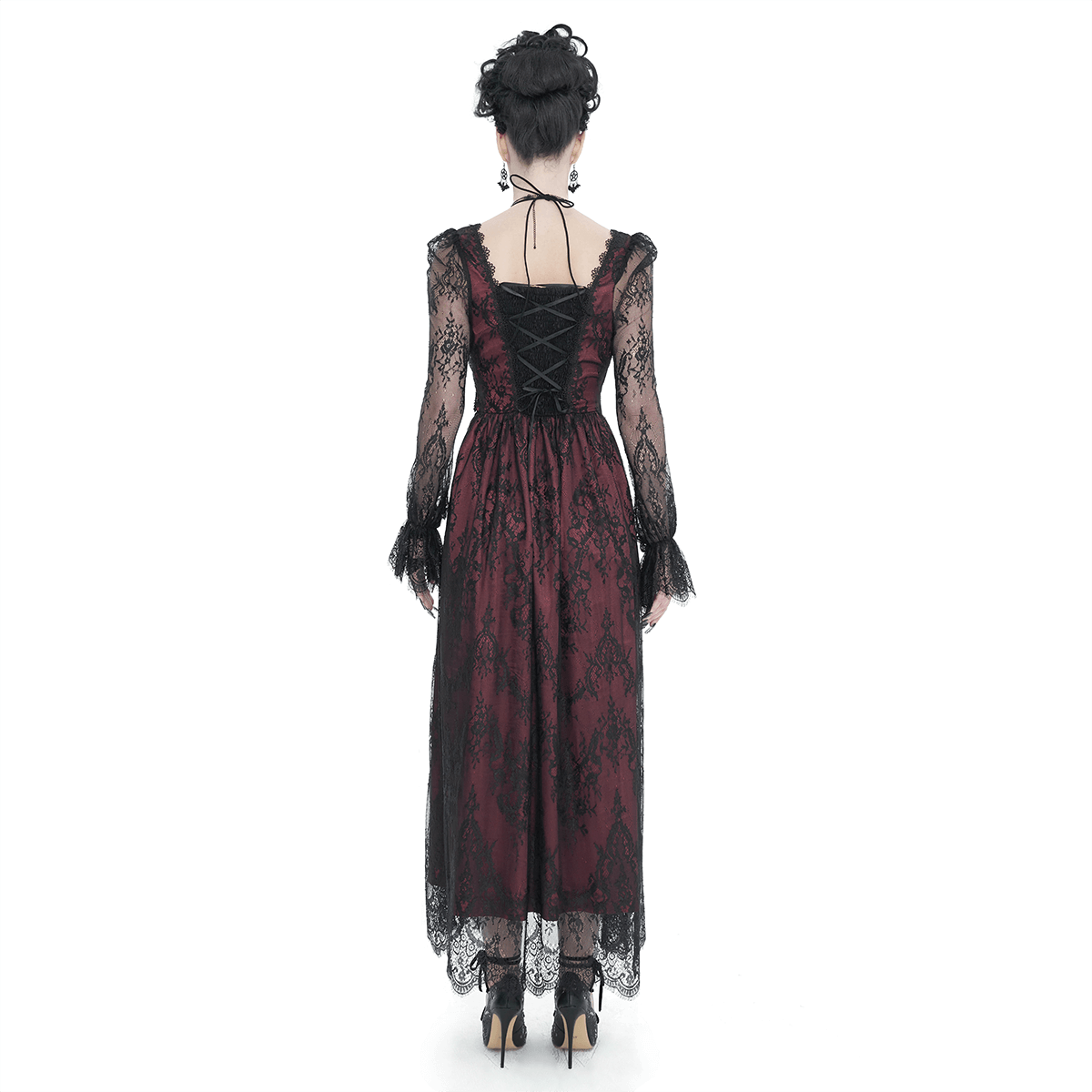 Back view of a vintage women's lace long sleeve party dress in wine red, featuring intricate lace detailing and a sexy silhouette.