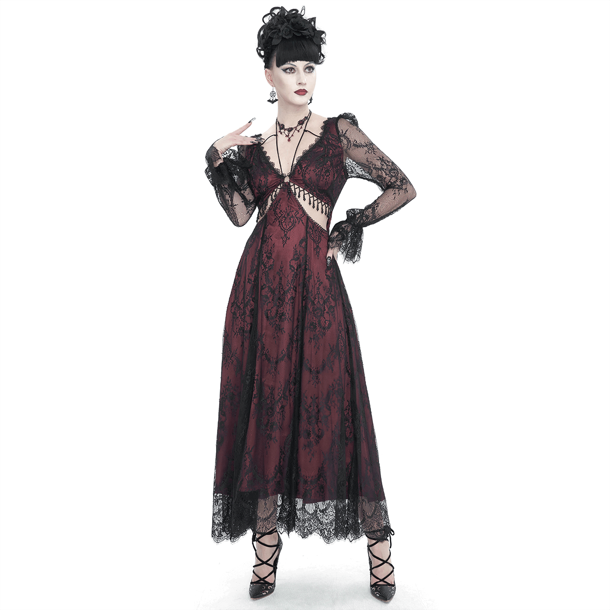Vintage women's lace dress in wine red with deep V-neck, perfect for parties, exuding retro glamour and modern allure.