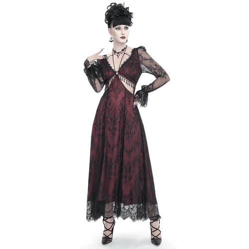 Vintage Women's Lace Long Sleeves Party Dress / Sexy Black and Wine Red Deep V-neck Dress