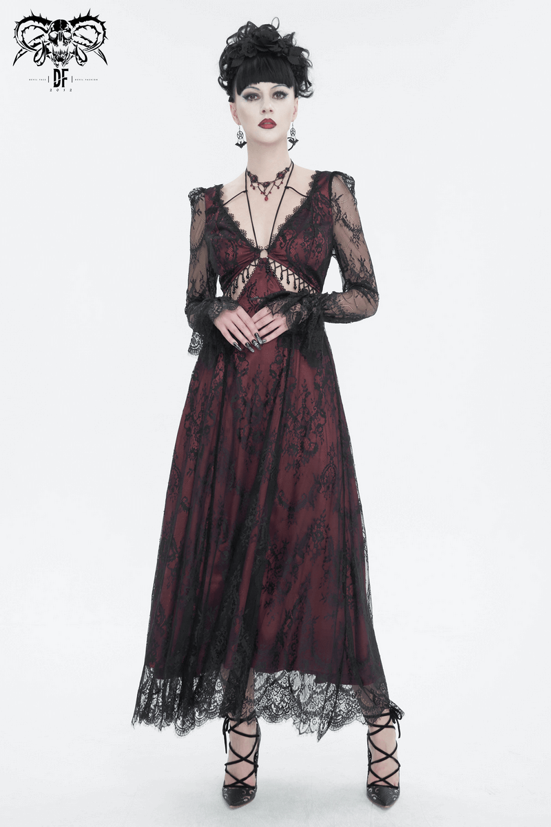 Vintage women's black and wine red lace party dress with a deep V-neck and long sleeves, perfect for glamorous events.