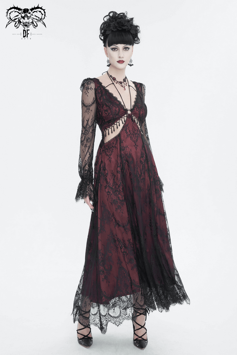 Vintage women's sexy black and wine red lace long sleeves party dress with deep V-neck and intricate detailing.