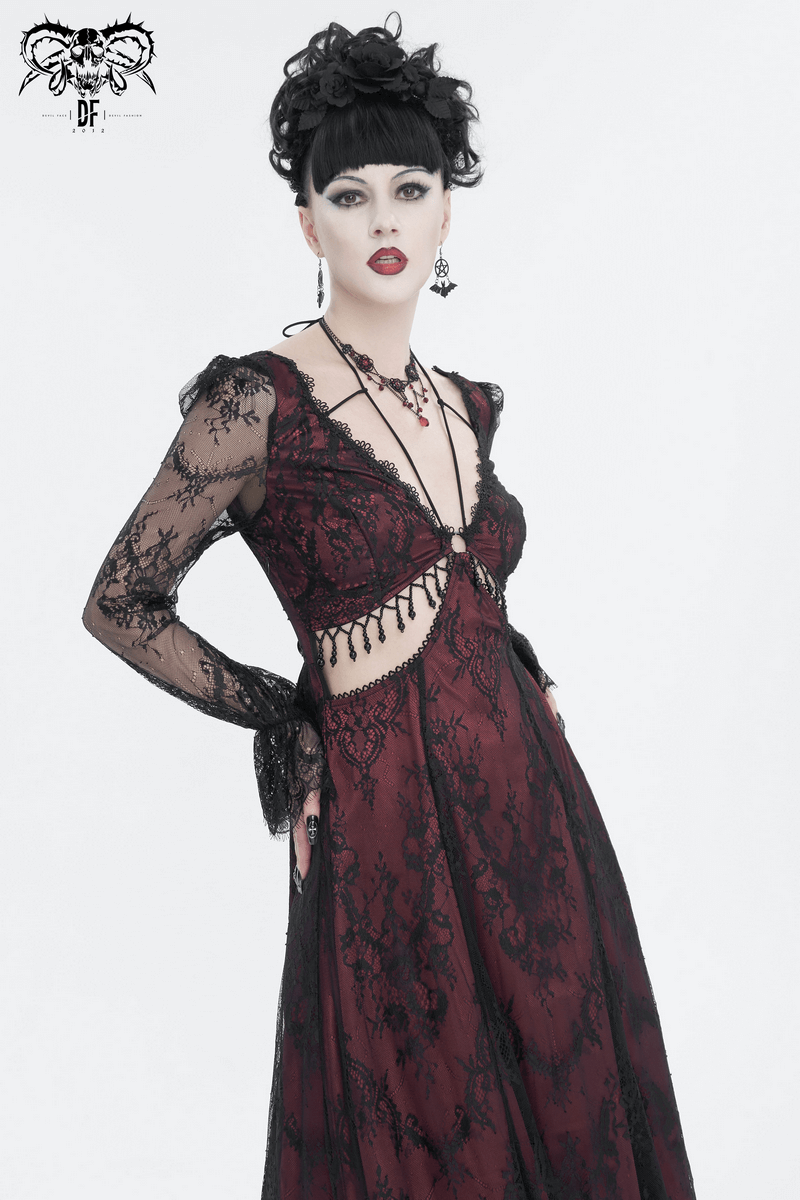 Vintage Women's Lace Long Sleeves Party Dress / Sexy Black and Wine Red Deep V-neck Dress Vintage Women's Lace Long Sleeves Party Dress / Sexy Black and Wine Red Deep V-neck Dress