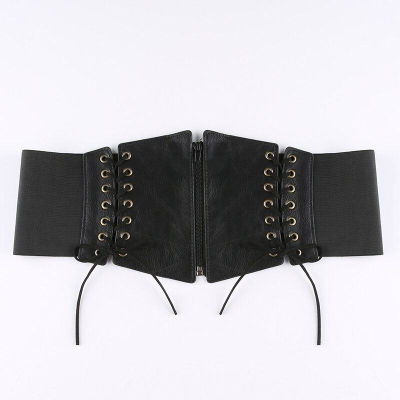 Vintage women's Gothic corset belt with lace-up and zipper details in black PU leather.