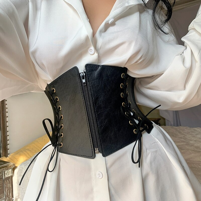 Vintage women's lace-up and zipper corset belt, elegant gothic wide belt accessory in PU leather.